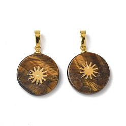 Тигровый глаз Природных тигровый глаз подвески, плоские круглые подвески золотистого оттенка 304 солнечные ломтики из нержавеющей стали и латунные застежки-кнопки, 19~20.5x16~16.3x3.5~4.2 мм, отверстие : 6x3 мм