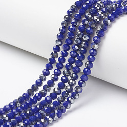 Medium Blue Electroplate Opaque Glass Beads Strands, Half Gray Plated, Faceted, Rondelle, Medium Blue, 4x3mm, Hole: 0.4mm, about 123~127pcs/strand, 16.5~16.9 inch(42~43cm)