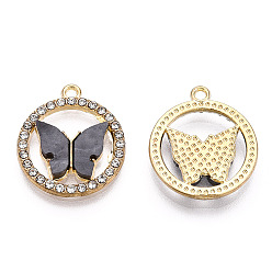 Black Alloy Pendants, with Crystal Rhinestone and Acrylic, Ring with Butterfly Charm, Light Gold, Cadmium Free & Nickel Free & Lead Free, Black, 18.5x16x2~3mm, Hole: 1.2mm