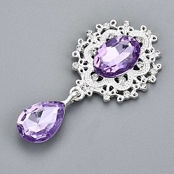 Lilac Alloy Flat Back Cabochons, with Acrylic Rhinestones, Oval and Teardrop, Silver Color Plated, Faceted, Lilac, 58x29x7mm, Pendant: 24.5x13x7mm
