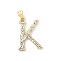 Letter K Латунные микро проложить кубического циркония подвески, без свинца и без кадмия, долговечный, реальный 18 k позолоченный, стойки покрытие, Письмо K, 20x14.5x2 мм, отверстие : 4.5x3 мм