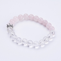 Quartz Rose Quartz rose naturel et bracelets en cristal de quartz, avec des perles de couronne en alliage, argent antique, ronde, 2 pouces (50 mm)