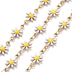 White 304 Stainless Steel Handmade Beaded Chain, with Enamel, with Spool, Soldered, Real 18K Gold Plated, Flower, White, 13x7.5x2mm, about 16.40 Feet(5m)/Roll