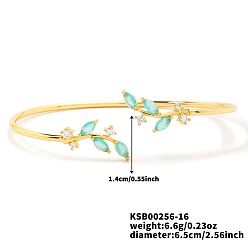 Синий Браслеты на открытой манжете из латуни с микропаве и кубическим цирконием, браслеты с подвесками в виде листьев для женщин, золотые, синие, 2-1/2 дюйм (6.5 см)