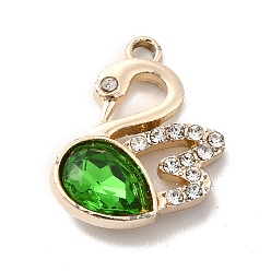 Green UV Plating Alloy Pendants, with Crystal Rhinestone and Glass, Golden, Swan Charms, Green, 19.5x15x5mm, Hole: 1.5mm