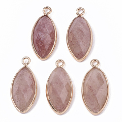 Strawberry Quartz Natural Strawberry Quartz Pendants, with Golden Plated Edge Brass Findings, Faceted, Horse Eye, 20x9x5mm, Hole: 1.2mm