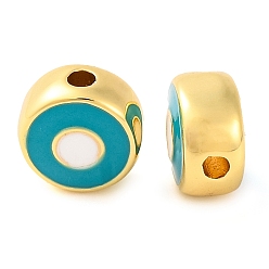 чирок Стойки обшивки латунные бусины, с эмалью, долговечный, реальный 18 k позолоченный, плоские круглые с сглаза, зелено-синие, 6.5x3.5 мм, отверстие : 1.2 мм