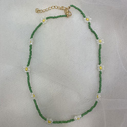 Green Millet Beads Dainty Crystal Daisy Necklace with Unique Pearl Bead Strand and Collarbone Chain