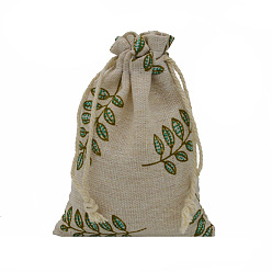 Leaf Linenette Drawstring Bags, Rectangle, Leaf Pattern, 18x13cm