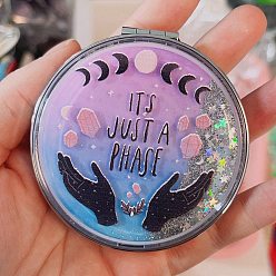 Palm Sequin Quicksand Plastic Foldable Mirrors, with Glass Mirror Surface, Round Compact Pocket Mirror for Wiccan, Palm, 7cm