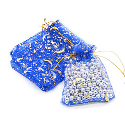 Blue Hot Stamping Rectangle Organza Drawstring Gift Bags, Storage Bags with Moon and Star Print, Blue, 9x7cm