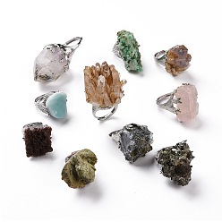 Mixed Stone Natural Gemstone Irregular Druzy Adjustable Ring, Raw Rough Ring, Platinum Plated Brass Jewelry for Women, Inner Diameter: 15.3~18.4mm