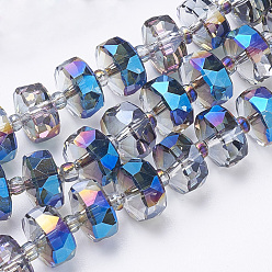 Blue Electroplat Glass Beads Strands, Rainbow Plated, Faceted, Rondelle, Blue, 8x5mm, Hole: 1.2mm, about 80pcs/strand, 22.83 inch