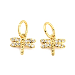 Real 18K Gold Plated Brass Micro Pave Clear Cubic Zirconia Charms, with Jump Ring, Long-Lasting Plated, Dragonfly, Real 18K Gold Plated, 13x14.5x2mm, Jump Ring: 10x1mm, 7.5mm Inner Diameter