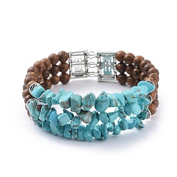 Synthetic Turquoise Three Loops Synthetic Turquoise(Dyed) Chip Beads Wrap Bracelets, with Wood Beads, Alloy Findings and Steel Bracelet Memory Wire, 2-1/8 inch(5.4cm)