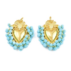 Light Sky Blue Alloy & Glass Seed Beaded Pendants, Heart Charm, Long-Lasting Plated, Rack Plating, Cadmium Free & Lead Free, with Brass Jump Ring, Golden, Light Sky Blue, 32x27x8mm, Hole: 5mm