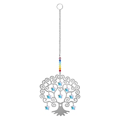 Star Glass Pendant Decorations, Hanging Suncatchers, with Iron Charm, for Home Garden Decorations, Tree of Life, Platinum, Star, 270mm