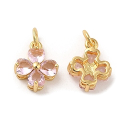 Pink Brass Pendants, with Cubic Zirconia, Lead Free & Cadmium Free, Clover Charms, Real 18K Gold Plated, Pink, 13x10x5mm, Hole: 3.4mm