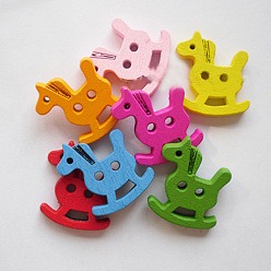 Mixed Color Lovely Cockhorse Painted 2-hole Basic Sewing Button, Wooden Buttons, Mixed Color, about 20mm long, 24mm wide, 3.5mm thick, 100pcs/bag