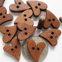 Sienna Heart Shaped Paint Buttons , Wooden Buttons, Sienna, about 20mm long, 16mm wide,Hole:2mm, 100pcs/bag