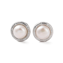 Platinum 925 Sterling Silver Studs Earring, with Cubic Zirconia and Natural Pearl, Round, Platinum, 11.5mm