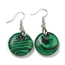 Малахит Плоские круглые серьги-подвески из латуни с покрытием для женщин, с синтетическим малахита, без кадмия и без свинца, платина, 49x23 мм