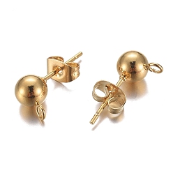Real 24K Gold Plated 304 Stainless Steel Stud Earring Findings, with Loop and Ear Nut/Earring Backs, Real 24K Gold Plated, 9mm, Hole: 1.8mm, Ball: 6mm, Pin: 0.8mm