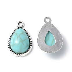 Antique Silver Resin Imitation Turquoise Pendants, with Rack Plating Tibetan Style Alloy Settings, Lead Free & Cadmium Free & Nickel Free, Teardrop Charm, Antique Silver, 19.5x13x5.5mm, Hole: 1.6mm