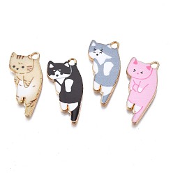 Mixed Color Printed Alloy Pendants, Cadmium Free & Nickel Free & Lead Free, Light Gold, Cat, Mixed Color, 30x15x1.5mm, Hole: 2mm
