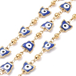 Medium Blue Ion Plating(IP) Enamel Butterfly with Evil Eye Link Chains, with Gold Plated 304 Stainless Steel Findings, Unwelded, with Spool, Medium Blue, 10x8.5x2mm, 8.5x4x3.5mm
