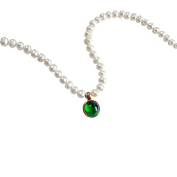 Зеленый Стеклянные плоские круглые ожерелья с подвесками в стиле камня, с цепочками из бисера с имитацией жемчуга, зелёные, 15.75 дюйм (40 см)