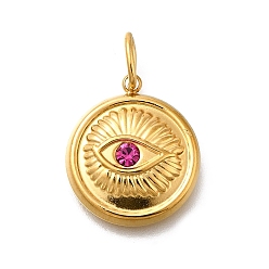 Фуксиновый 304 подвески из нержавеющей стали, со стразами и прыжковыми кольцами, ионное покрытие (ip), плоский круглый с шармом в виде глаз, реальный 14 k позолоченный, красно-фиолетовые, 18x15.5x3.5 мм, отверстие : 5x2.5 мм