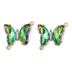 Lime Green Brass Pave Faceted Glass Connector Charms, Golden Tone Butterfly Links, Lime Green, 20x22x5mm, Hole: 1.2mm