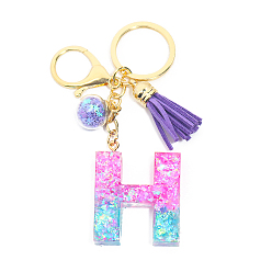 Letter H Resin Keychains, Tassel Keychain, Glass Ball Keychain, with Light Gold Tone Plated Iron Findings, Alphabet, Letter.H, 11.2x1.2~5.7cm