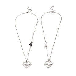 Stainless Steel Color 2Pcs 2 Color Enamel Yin Yang Couple Necklaces Set, Alloy Heart Beat Pendant Necklaces for Best Friends Lovers, Stainless Steel Color, 17.52 inch(44.5cm), 1Pc/style