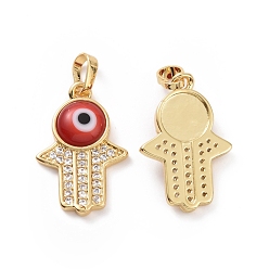 Red Brass Micro Pave Cubic Zirconia Pendants, with Handmade Evil Eye Lampwork, Hamsa Hand Charm, Real 18K Gold Plated, Red, 23x15x4mm, Hole: 4x6.5mm