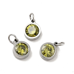 Yellow Green 304 Stainless Steel Pendants, with Cubic Zirconia and Jump Rings, Single Stone Charms, Flat Round, Stainless Steel Color, Yellow Green, 9.5x7.5x3mm, Hole: 3.6mm