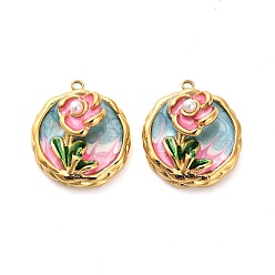 Алиса Синий 304 нержавеющей стальной эмали подвески, с ABS имитации жемчуга, плоские круглые с цветком, ионное покрытие (ip), реальный 18 k позолоченный, Алиса Блю, 24x21x10 мм, отверстие : 1.8 мм