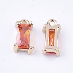 Tomato Transparent Glass Charms, with Brass Findings, Faceted, Rectangle, Light Gold, Tomato, 8.5x4x3mm, Hole: 1mm