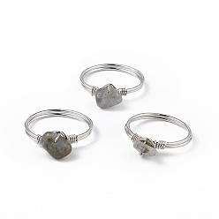Labradorite Natural Labradorite Chips Finger Ring, Platinum Brass Wire Wrap Jewelry for Women, Inner Diameter: 18mm