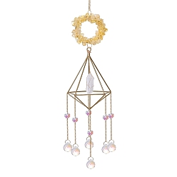 Citrine Natural Citrine & Natural Crystal Quartz Hanging Ornaments, Glass Tassel Suncatchers, Ring, 480mm