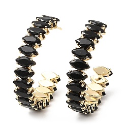 Black Cubic Zirconia Round Stud Earrings, Rack Plating Real 18K Gold Plated Brass Half Hoop Earrings for Women, Lead Free & Cadmium Free, Black, 35x8mm