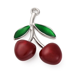 Темно-Красный Подвески из латуни, зеленой эмали и пластика с вишней, фруктовые прелести, платина, стойки покрытие, долговечный, без кадмия и без свинца, темно-красный, 41.5x32.5x11.5 мм, отверстие : 3x3.5 мм