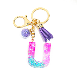 Letter U Resin Keychains, Tassel Keychain, Glass Ball Keychain, with Light Gold Tone Plated Iron Findings, Alphabet, Letter.U, 11.2x1.2~5.7cm