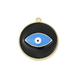 Черный Латунь эмаль подвески, реальный 18 k позолоченный, долговечный, без кадмия и без свинца, стойки покрытие, плоский круглый с шармом в виде глаз, чёрные, 27.5x24.5x3.5 мм, отверстие : 1.6 мм