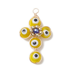 Yellow Brass Wire Wrapped Handmade Evil Eye Lampwork Pendants, with Glass Beads, Cross Charm, Yellow, 40x24x8.5mm, Hole: 3mm
