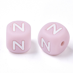 Letter N Food Grade Eco-Friendly Silicone Beads, Horizontal Hole, Chewing Beads For Teethers, DIY Nursing Necklaces Making, Letter Style, Cube, Pink, Letter.N, 12x12x12mm, Hole: 2mm