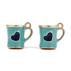 Темно-бирюзовый Подвески из эмали и сплава, долговечный, стойки покрытие, реальный 18 k позолоченный, чашка с подвеской в виде сердца, темные бирюзовый, 17x14x10.5 мм, отверстие : 1.4 мм