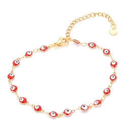 Golden 304 Stainless Steel Link Bracelets, with Enamel and Lobster Claw Clasps, Evil Eye, Red, Golden, 7-7/8 inch(20cm)