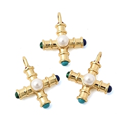 Real 18K Gold Plated Brass with Synthetic Malachite & Turquoise and ABS Plastic Pearl Pendants, Cross Charms, Rack Plating, Lead Free & Cadmium Free, Long-Lasting Plated, Real 18K Gold Plated, 32x26x9.5mm, Hole: 4.5x4.5mm